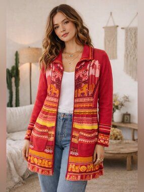 KOOI Knit Vibrant Red Orange Patterned Cardigan Nordic Fair Isle Zip Cotton